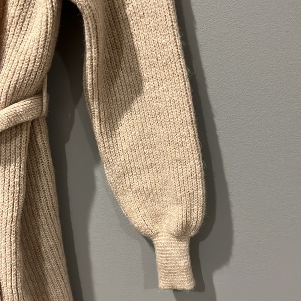 Topshop Cardigan Sweater Tan Knit Belted Waist Blouson Sleeve Size 12 - Picture 2 of 5